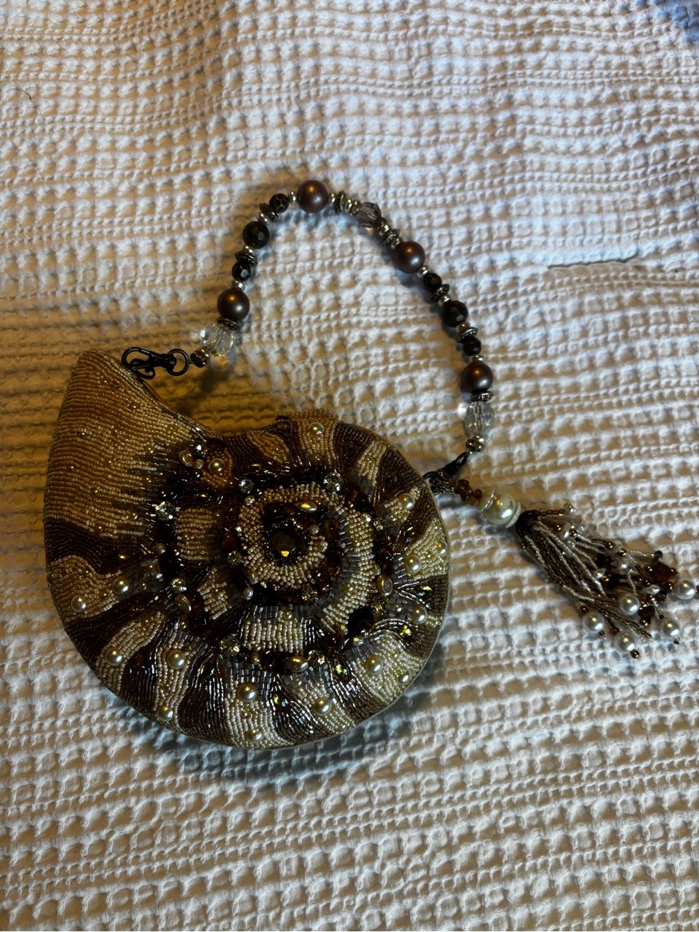 Mary Frances Gold & Brown Beaded Spiral Shell Bag